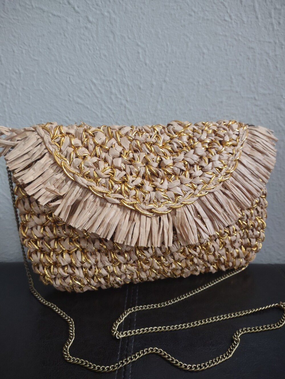 Woven Raffia & Metallic Gold Fringe Crossbody Shoulder Bag
